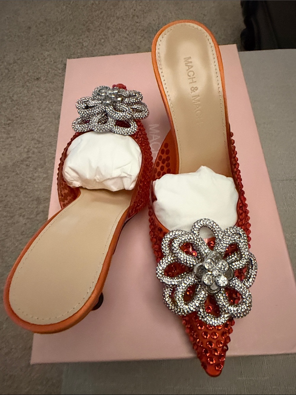 MACH & MACH Red Crystal-Embellished Pointed Mule with Floral Brooch